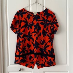 Vibrant Floral J. Crew Blouse Orange Poppy Red and Navy Size Small